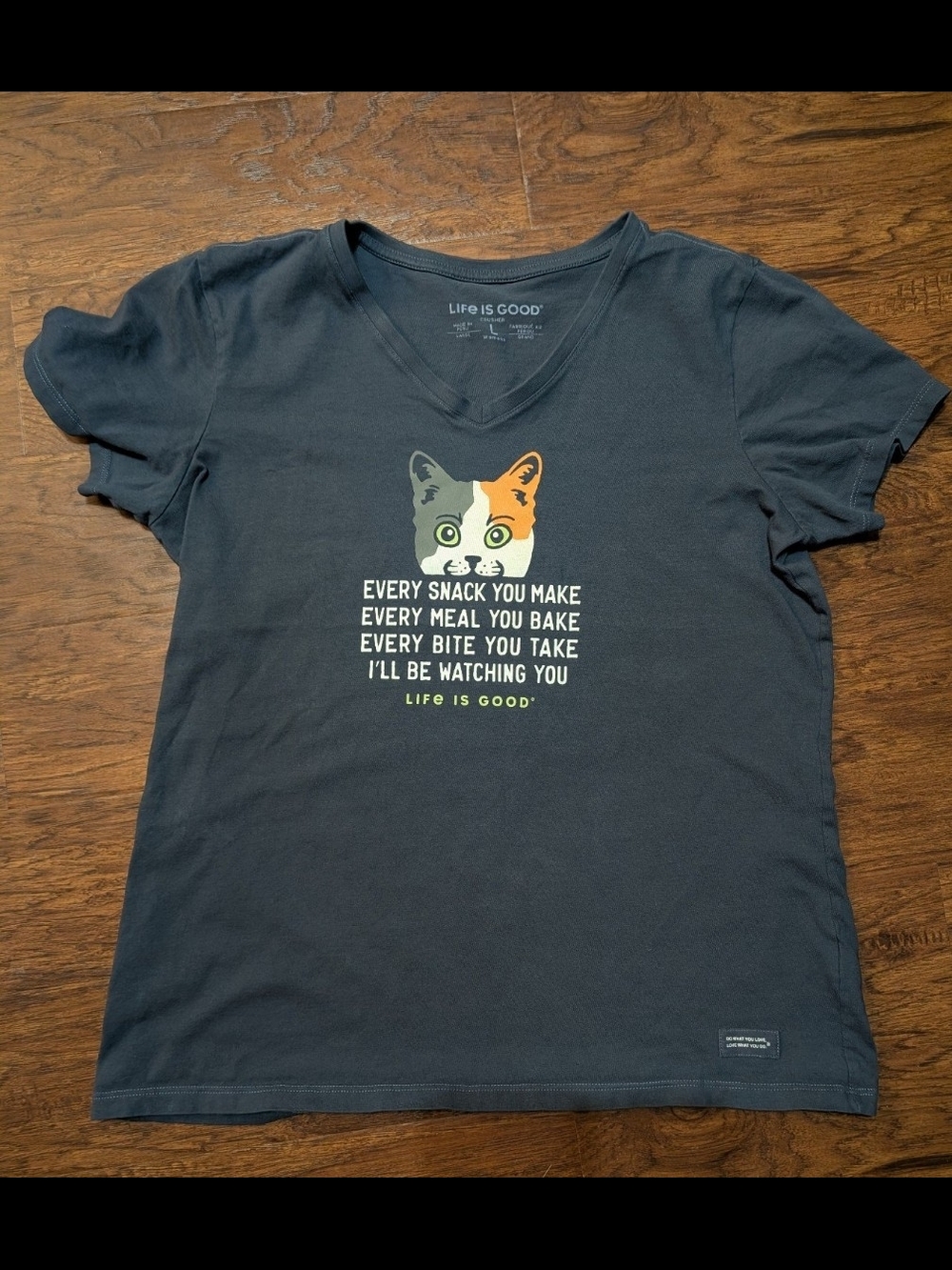Life Is Good Navy V‑Neck Cat Graphic Tee " Every Snack You Make" Size Large